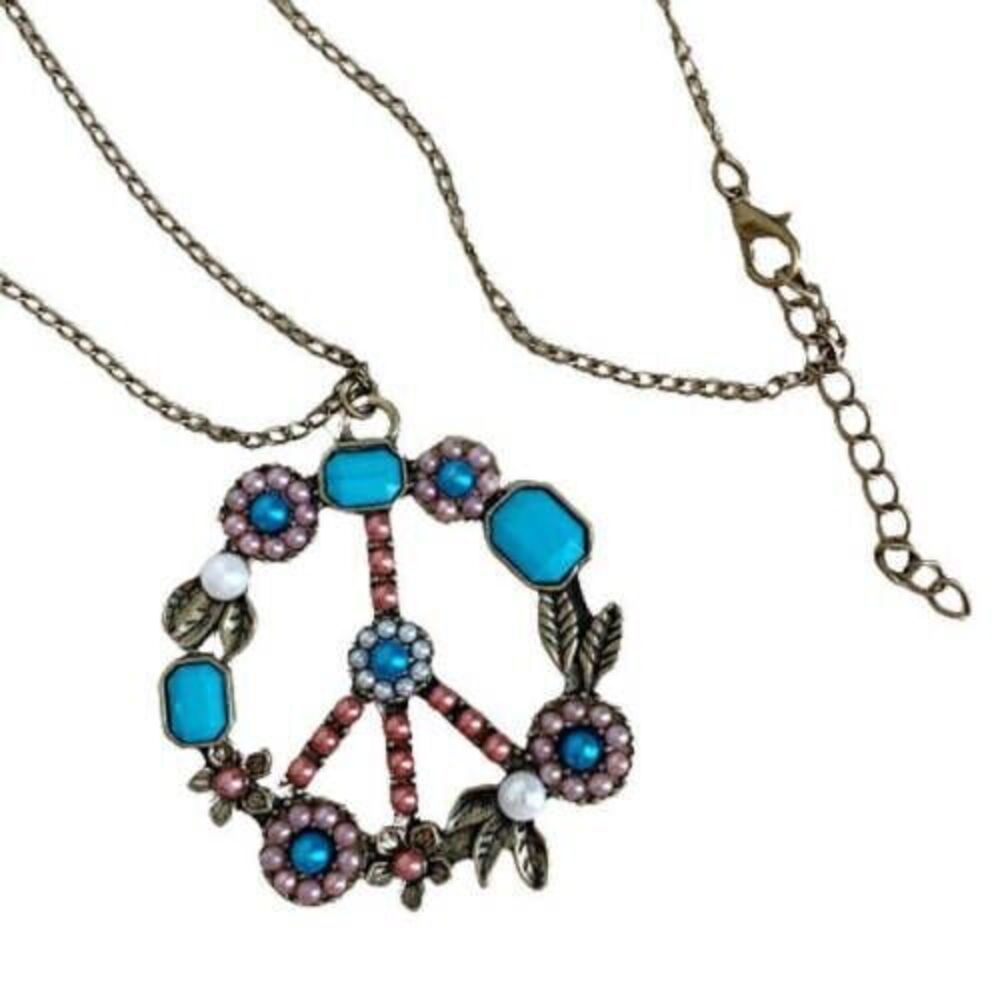 Peace Sign Long Necklace NEW Boho Turquoise Gold Beaded Hippie Flower Retro NWT